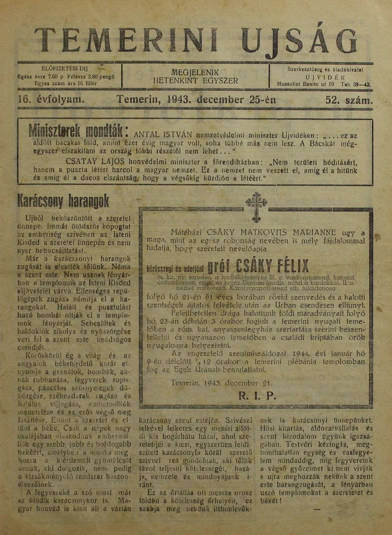 Temerini Újság 1928-1944, 16. évf. 1943. december 25. 52. sz.