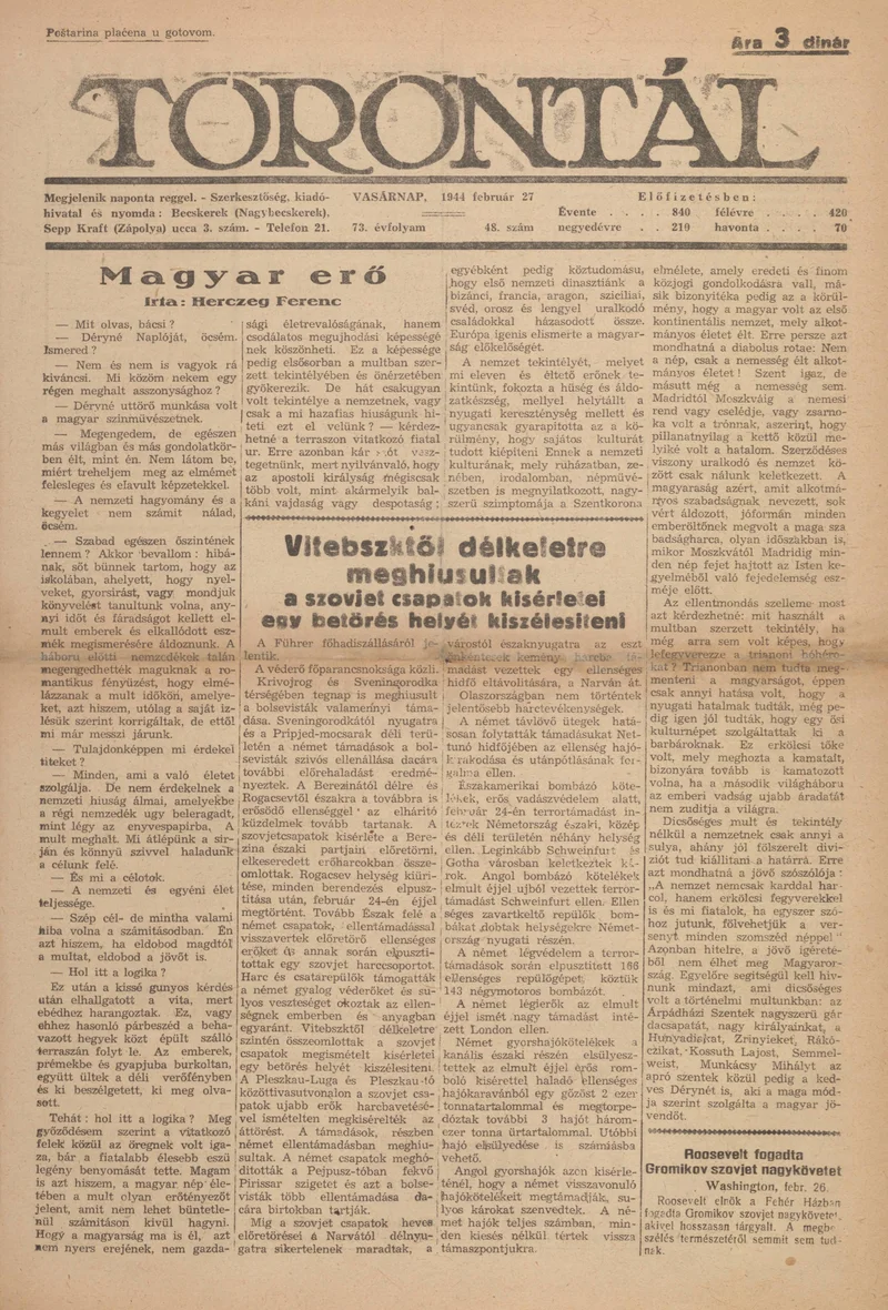 Torontál, 73. évf. 1944. február 27. 48. sz.