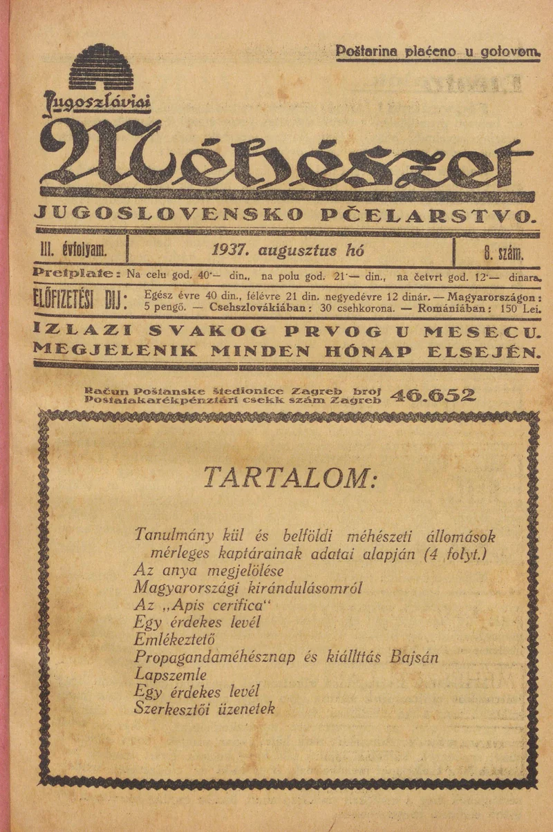 Jugoszláviai méhészet, 3. évf. 1937. augusztus 1. 8. sz.