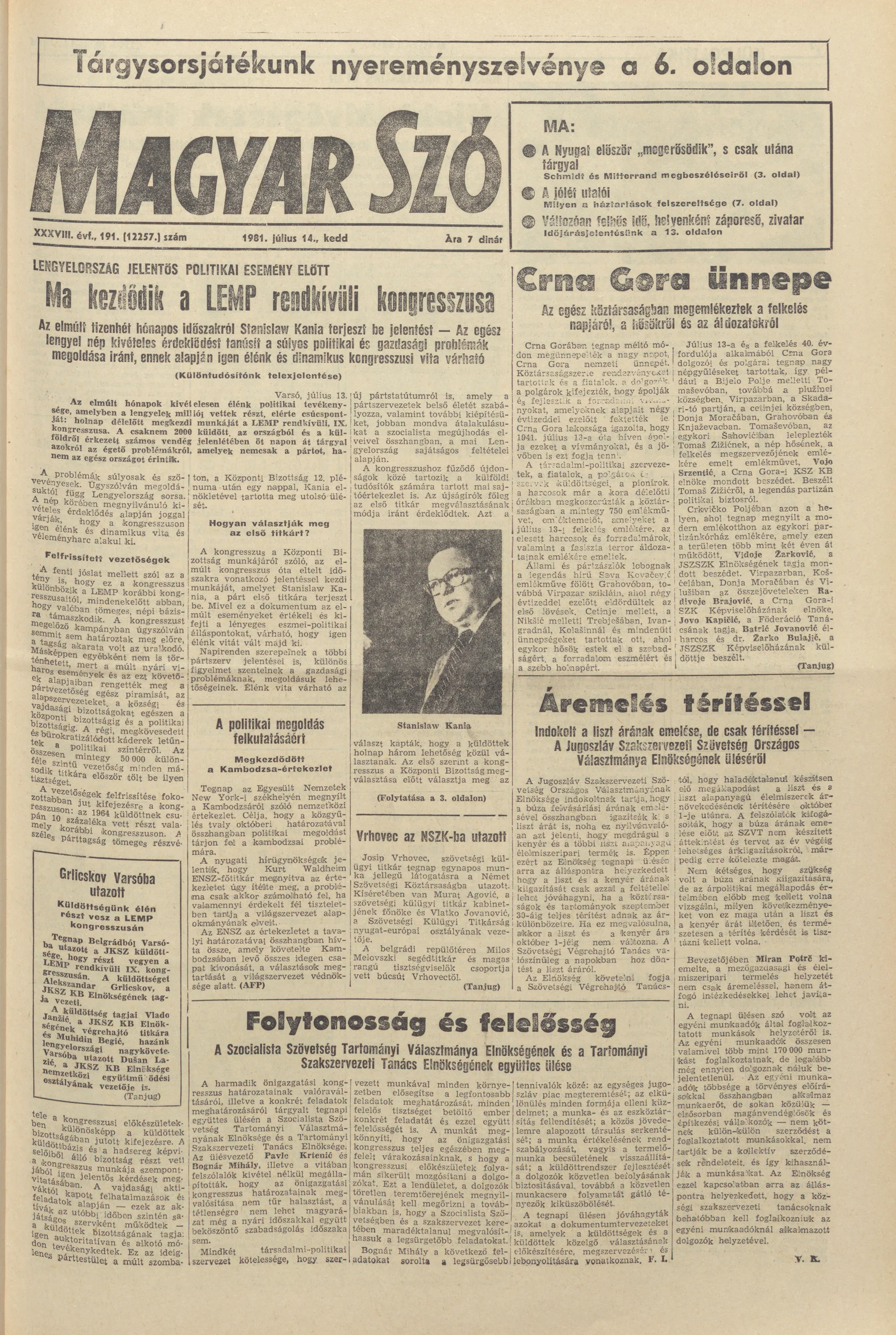 Magyar Szó, 38. évf. 1981. július 14. 191. sz.