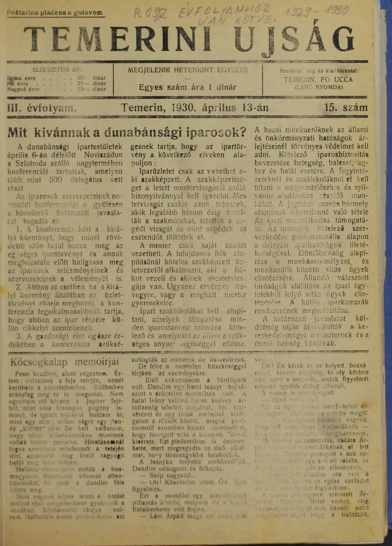 Temerini Újság 1928-1944, 2. évf. 1929. április 13. 15. sz.