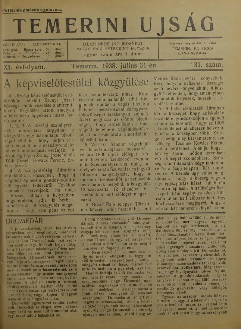 Temerini Újság 1928-1944, 11. évf. 1938. július 31. 31. sz.