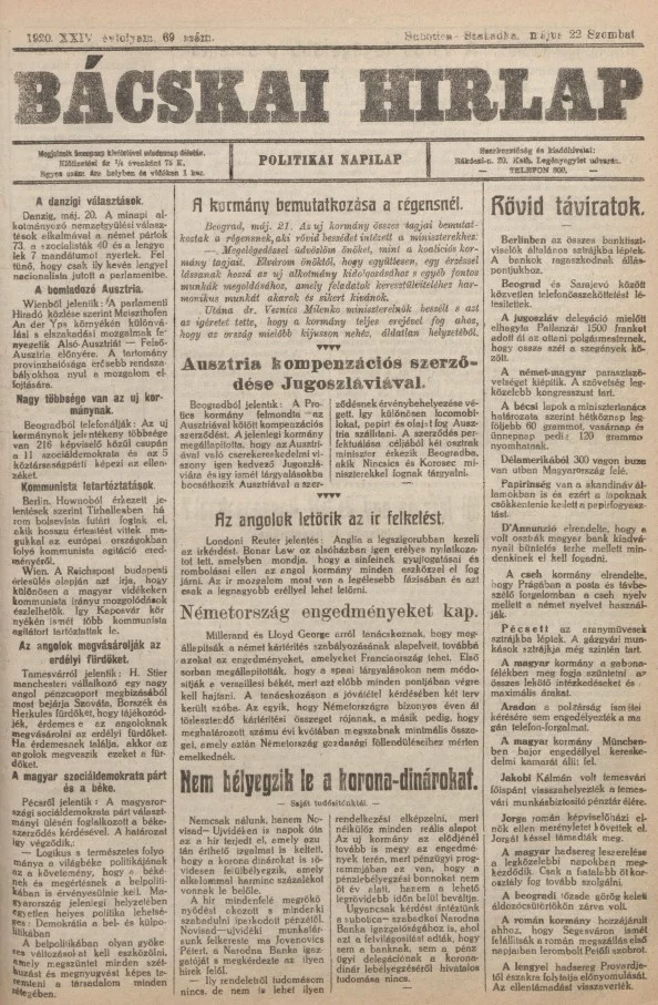 Bácskai Hirlap, 24. évf. 1920. május 22. 69. sz.