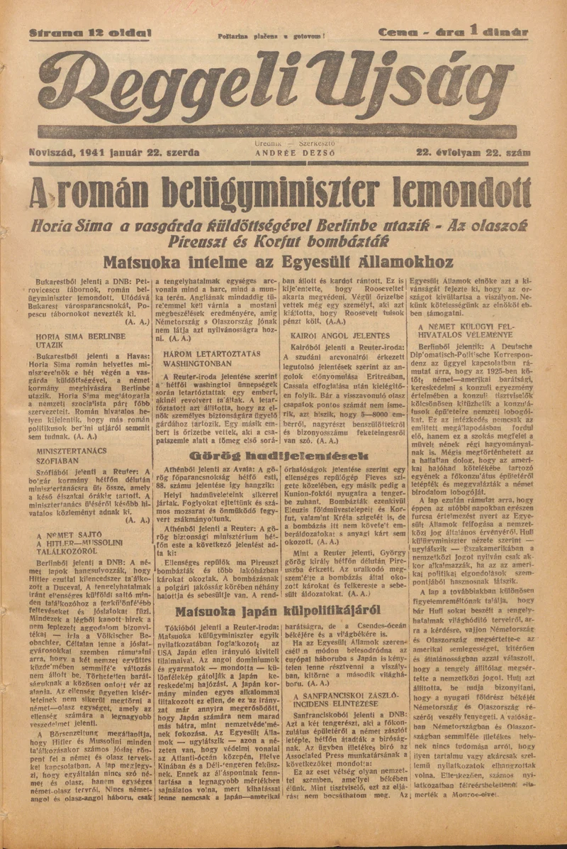 Reggeli Újság, 22. évf. 1941. január 22. 22. sz.