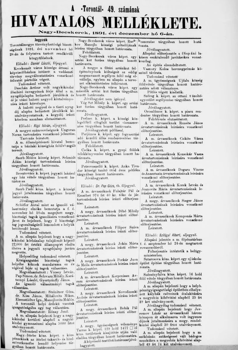 A Totontál  hivatalos melléklete, 4. évf. 1891. december 6. 49. sz.