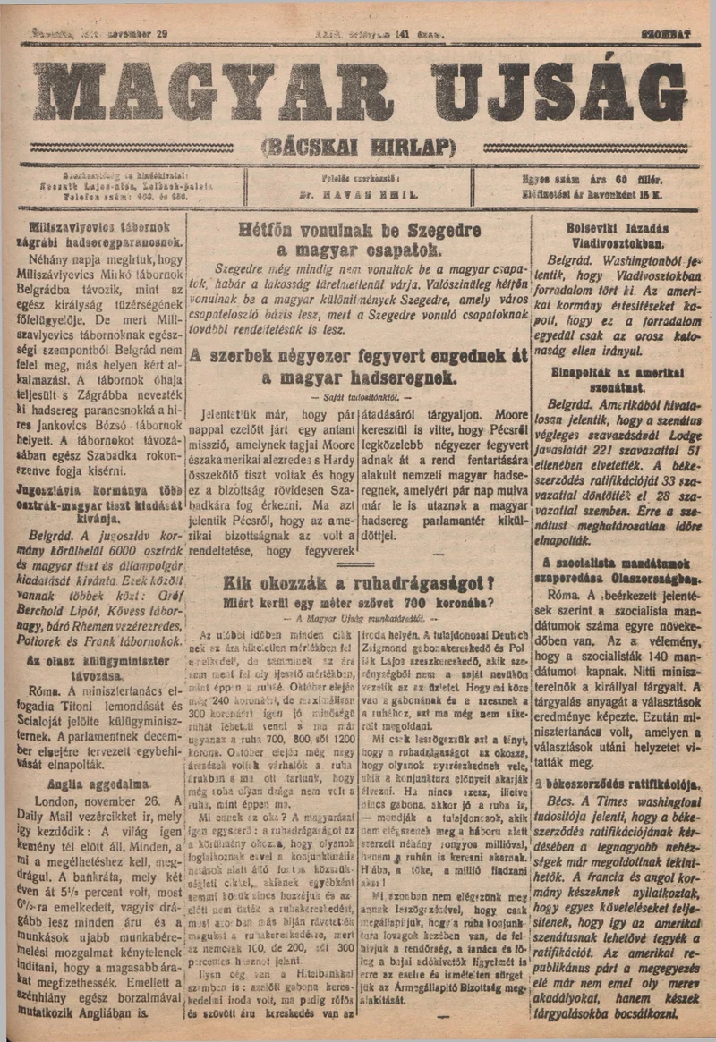 Bácskai Hirlap, 23. évf. 1919. november 29. 141. sz.