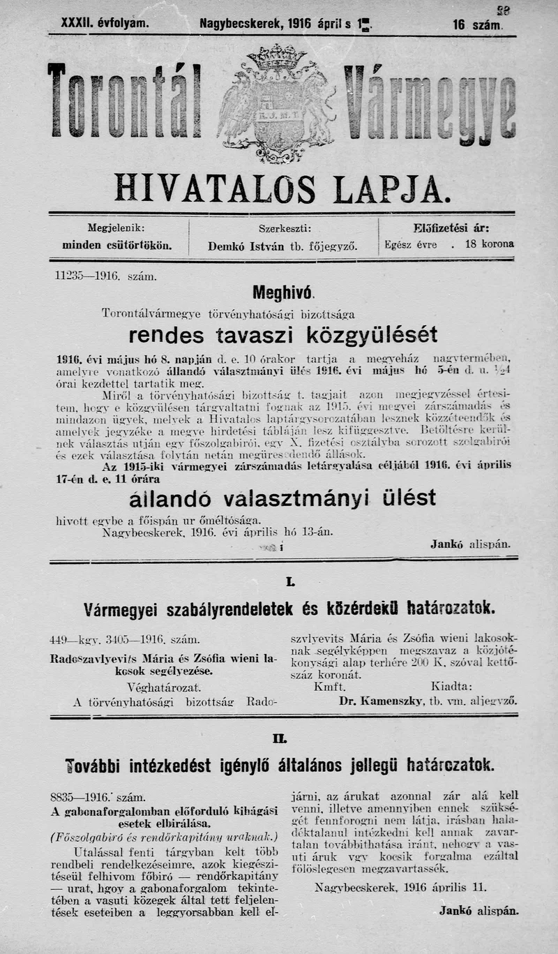 Torontál Vármegye Hivatalos Lapja, 32. évf. 1916. április 13. 16. sz.