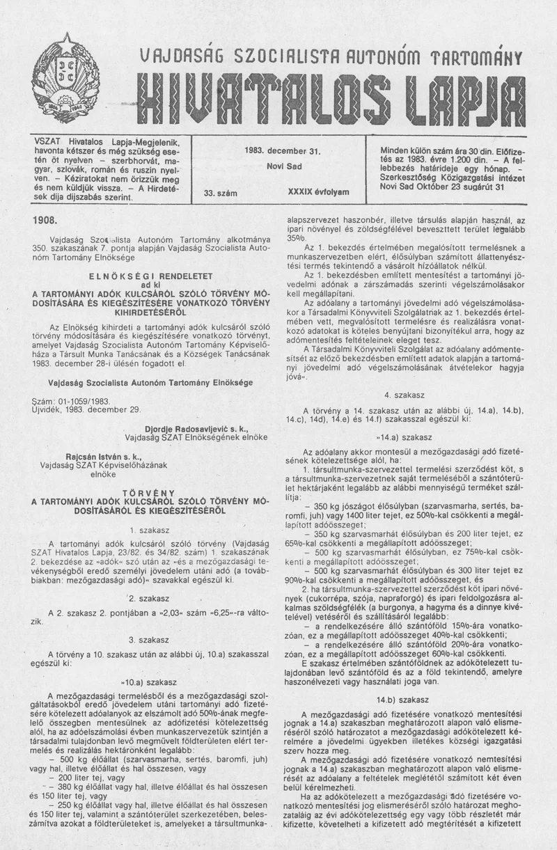 Vajdaság Szocialista Autonóm Tartomány Hivatalos Lapja, 39. évf. 1983. december 31. 33. sz.
