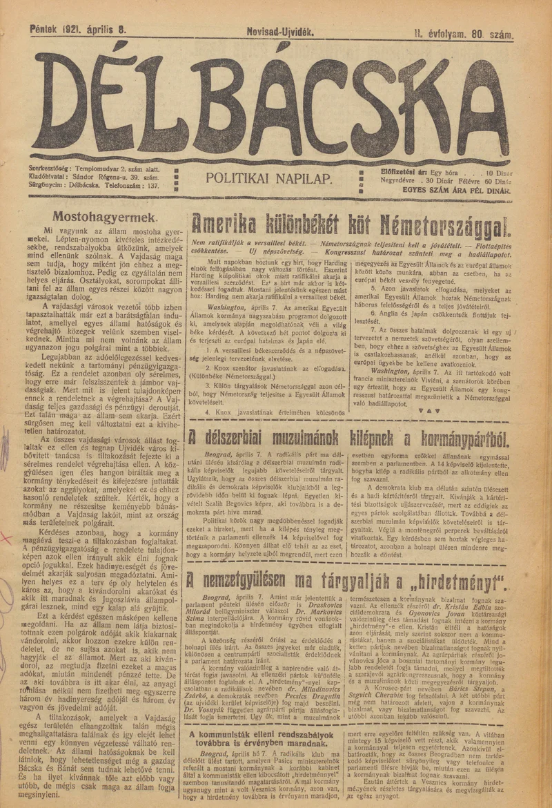 Délbácska, 2. évf. 1921. április 8. 80. sz.