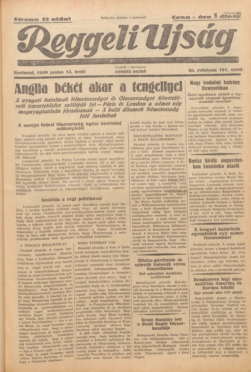 Reggeli Újság, 20. évf. 1939. június 13. 161. sz.