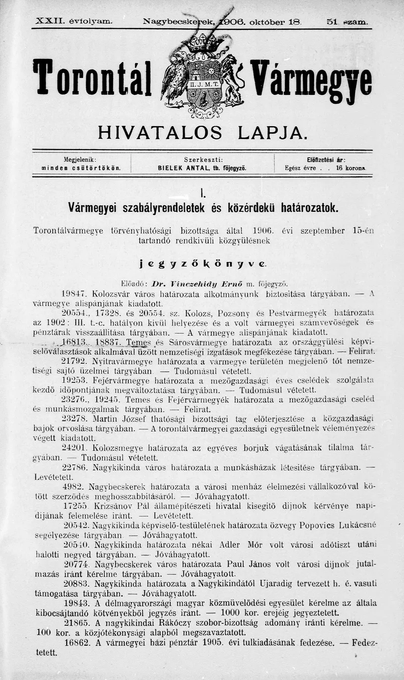 Torontál Vármegye Hivatalos Lapja, 22. évf. 1906. október 18. 51. sz.