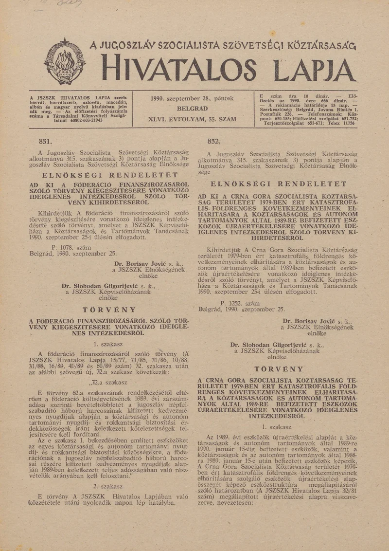 A Jugoszláv Szocialista Szövetségi Köztársaság Hivatalos Lapja, 46. évf. 1990. szeptember 28. 55. sz. 1777–1800. oldal