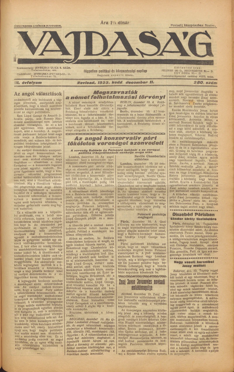 Vajdaság, 3. évf. 1923. december 11. 280. sz.