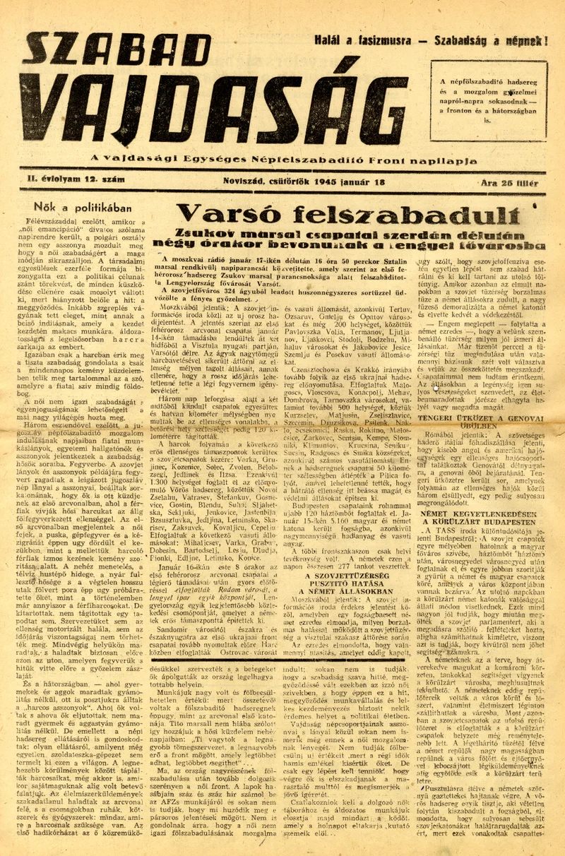 Szabad Vajdaság 1945. január 18. 12. sz.