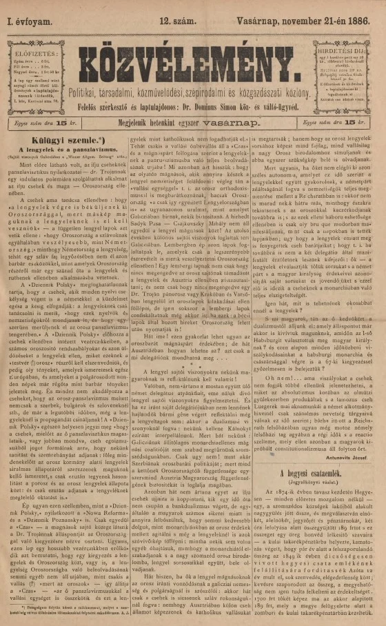Közvélemény, 1. évf. 1886. november 21. 12. sz.