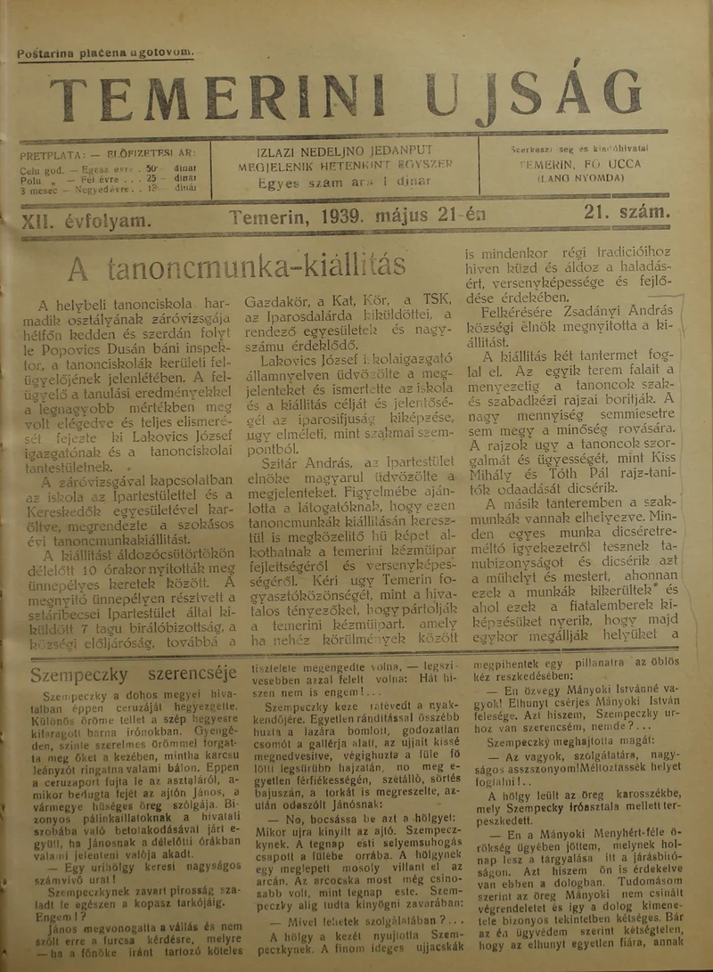 Temerini Újság 1928-1944, 12. évf. 1939. május 21. 21. sz.