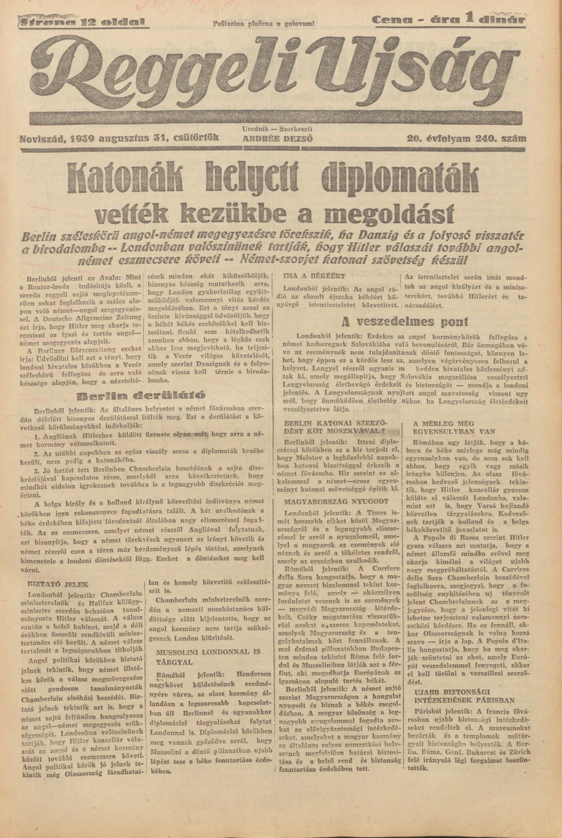 Reggeli Újság, 20. évf. 1939. augusztus 31. 240. sz.