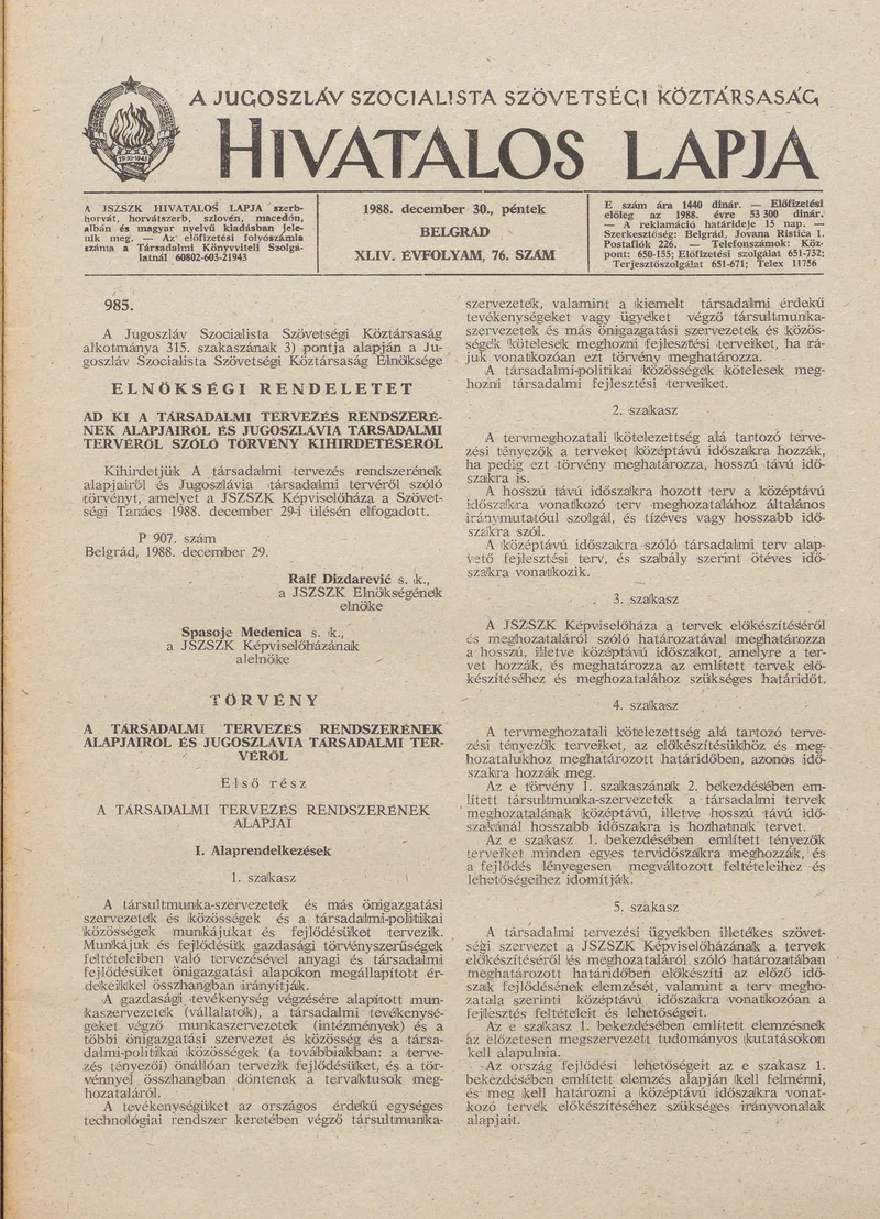 A Jugoszláv Szocialista Szövetségi Köztársaság Hivatalos Lapja, 44. évf. 1988. december 30. 76. sz. 1917–1940. oldal