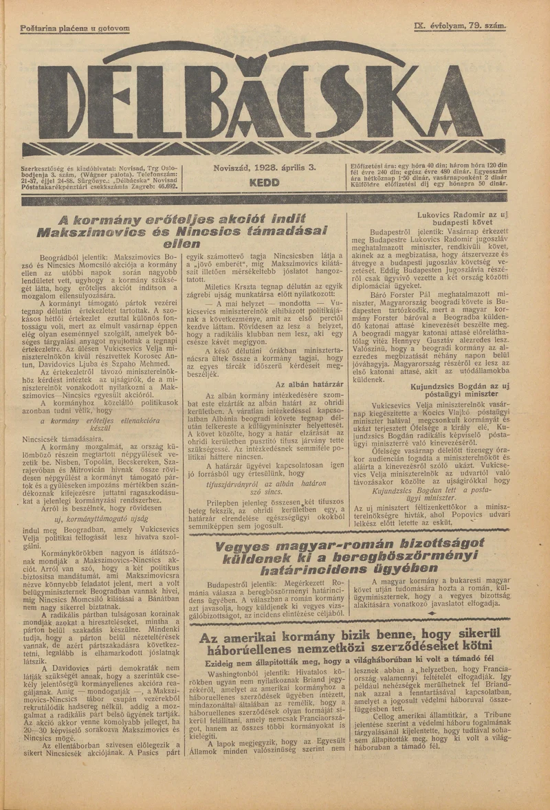 Délbácska, 9. évf. 1928. április 3. 79. sz.