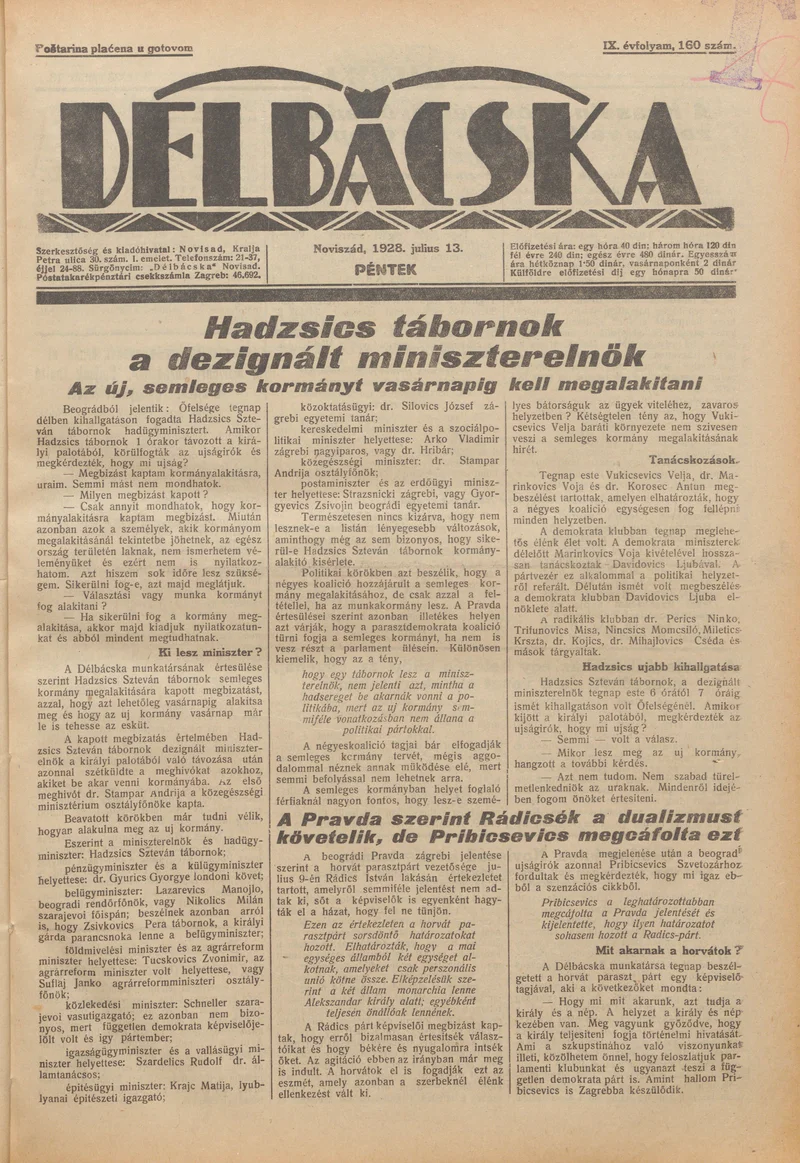 Délbácska, 9. évf. 1928. július 13. 160. sz.