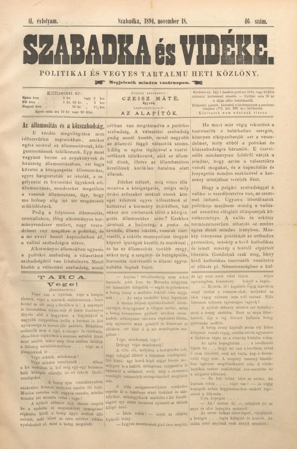 Szabadka és vidéke II, 2. évf. 1894. november 18. 46. sz.