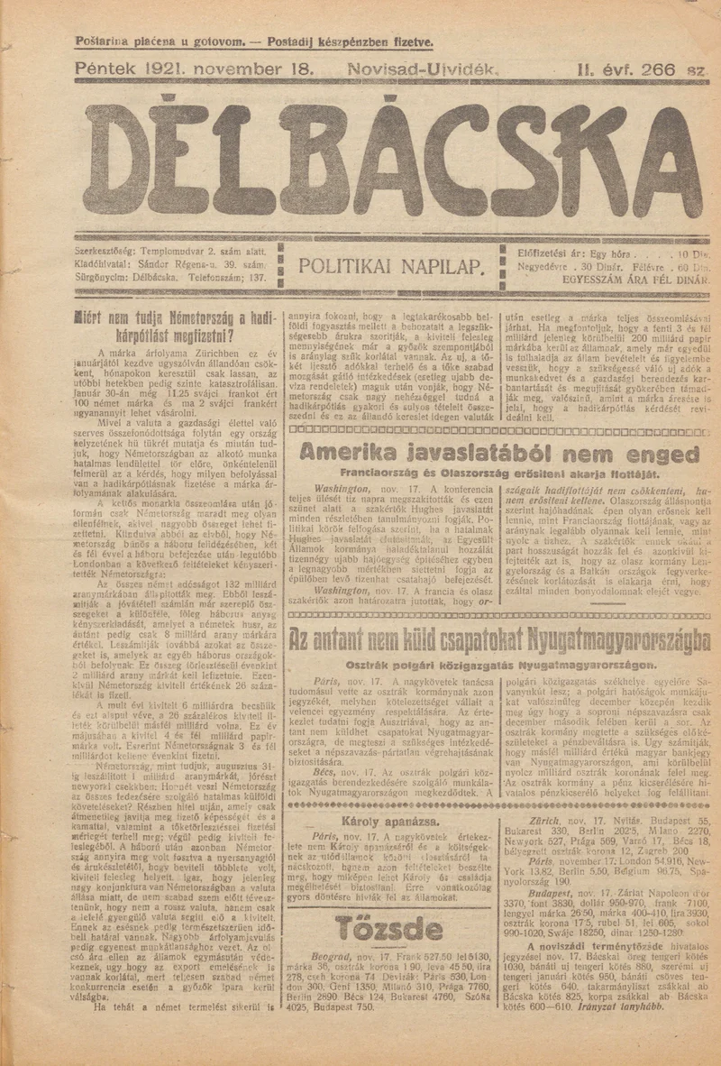 Délbácska, 2. évf. 1921. november 18. 266. sz.