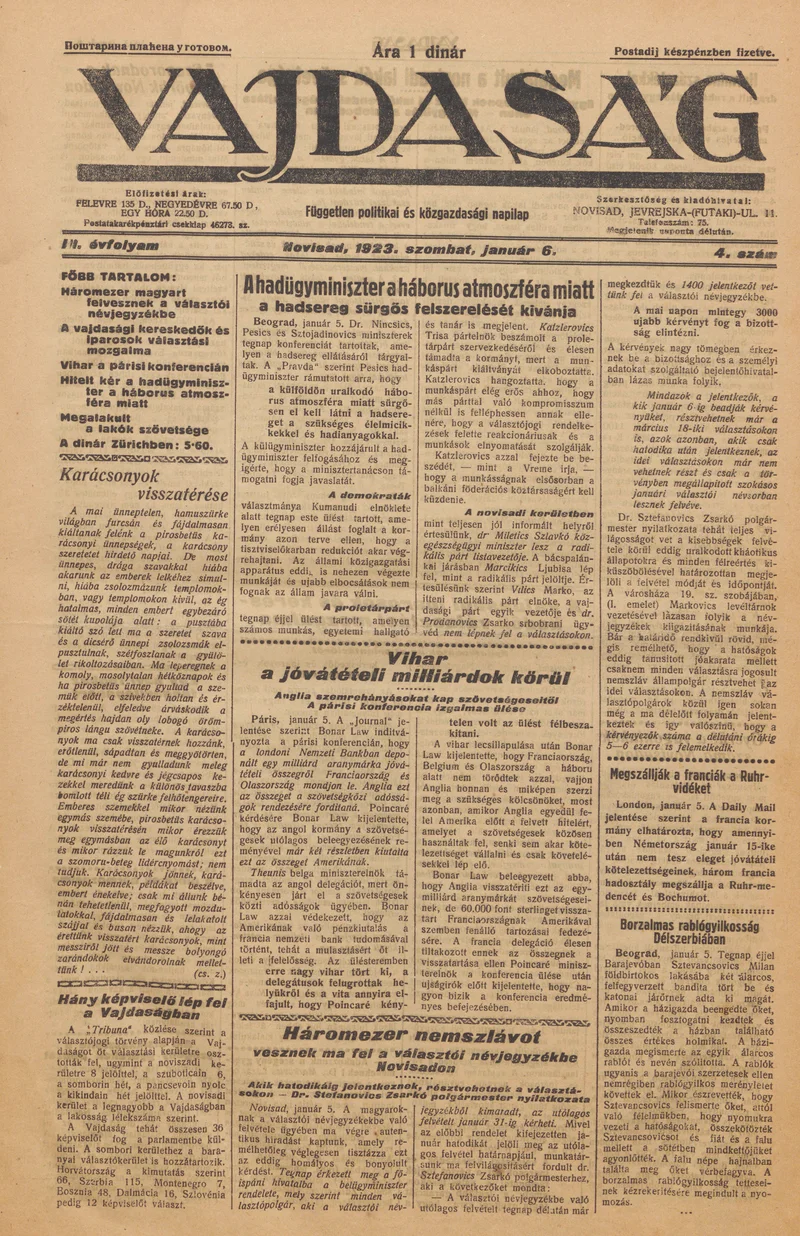 Vajdaság, 3. évf. 1923. január 6. 4. sz.
