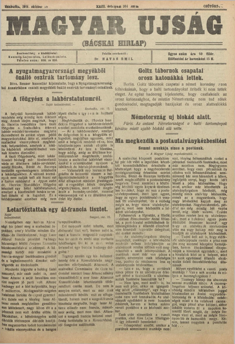 Bácskai Hirlap, 23. évf. 1919. október 16. 104. sz.
