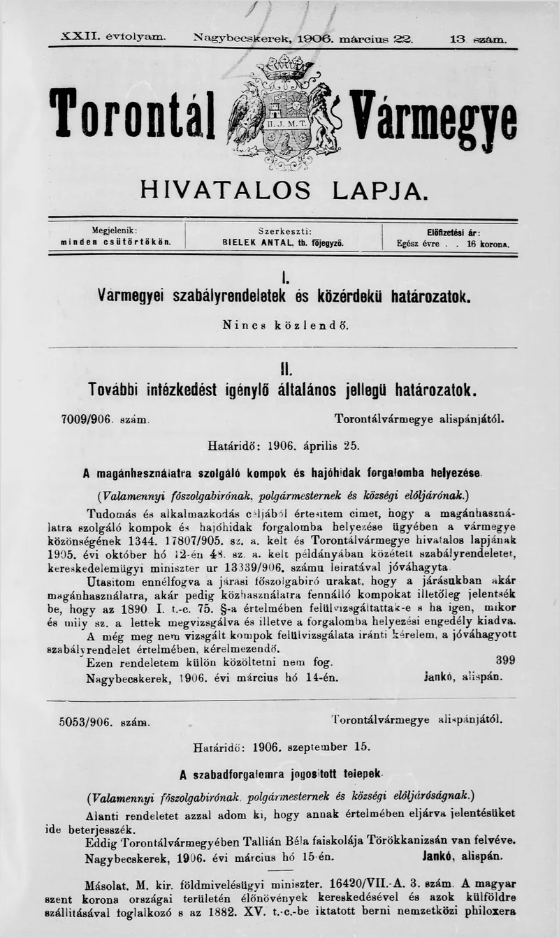 Torontál Vármegye Hivatalos Lapja, 22. évf. 1906. március 22. 13. sz.