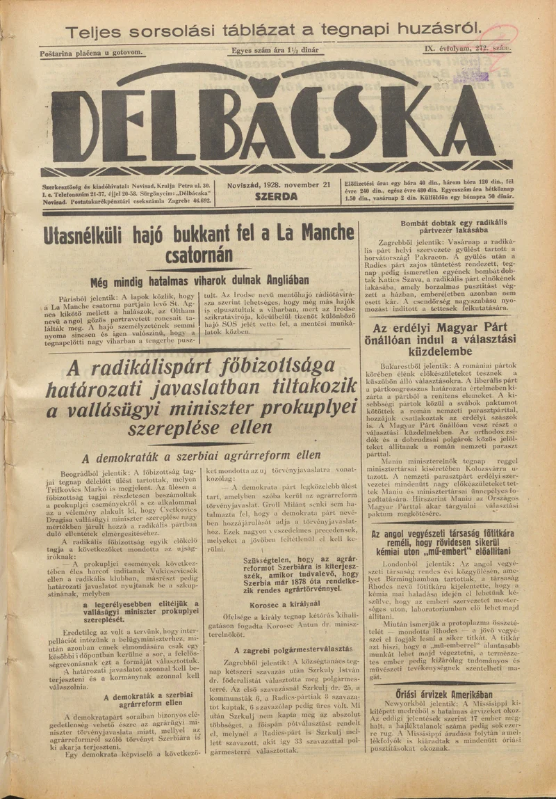 Délbácska, 9. évf. 1928. november 21. 272. sz.