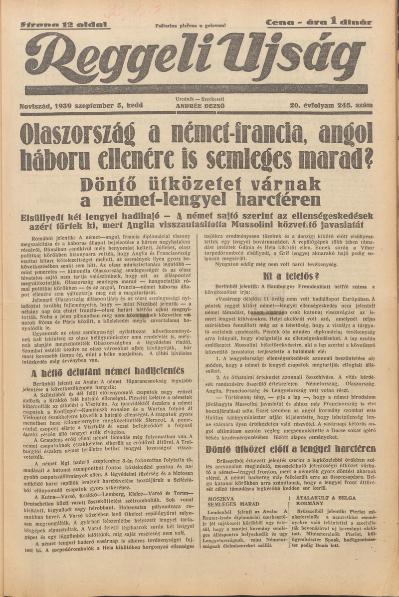 Reggeli Újság, 20. évf. 1939. szeptember 5. 245. sz.