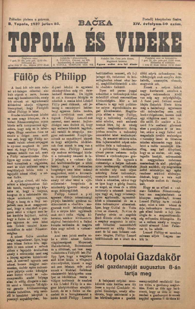Bačka Topola és Vidéke, 14. évf. 1937. július 25. 30. sz.