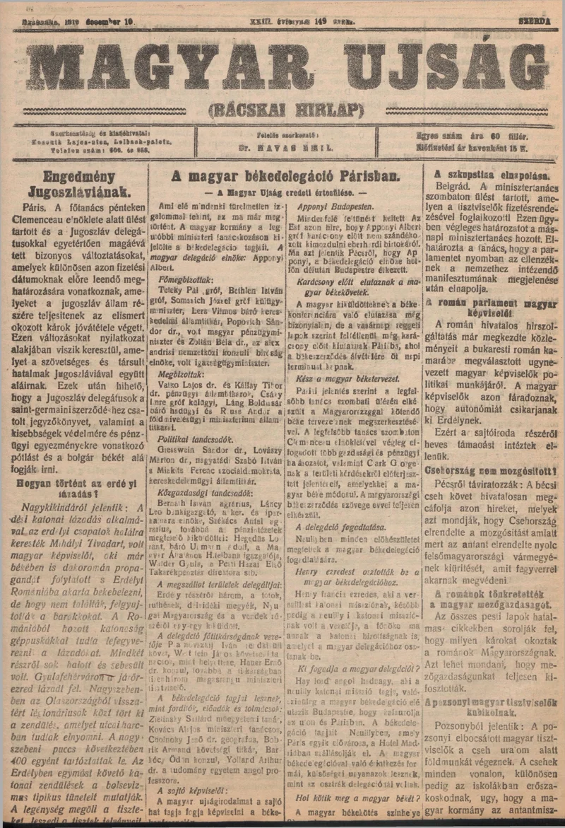 Bácskai Hirlap, 23. évf. 1919. december 10. 149. sz.