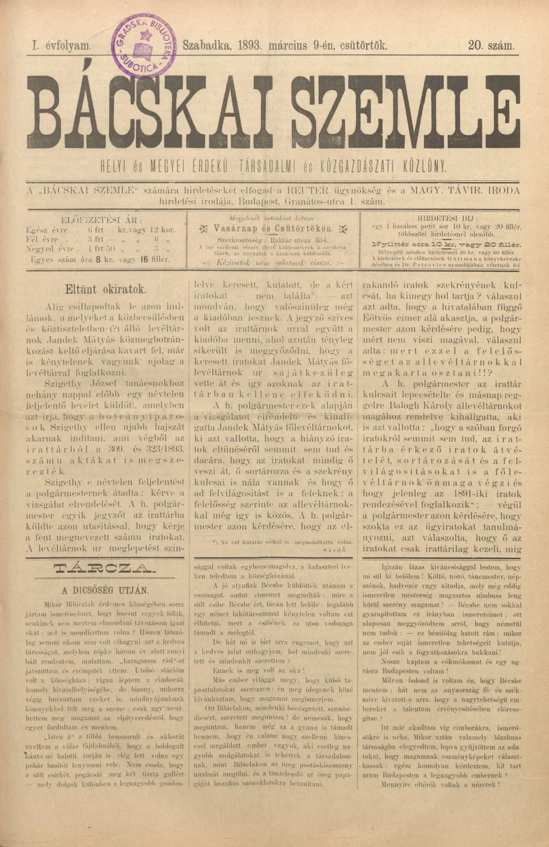 Bácskai Szemle, 1. évf. 1893. március 9. 20. sz.