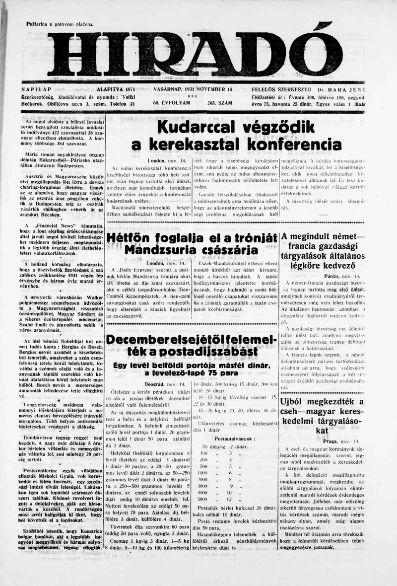 Híradó, 60. évf. 1931. november 15. 265. sz.