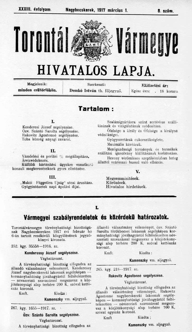 Torontál Vármegye Hivatalos Lapja, 33. évf. 1917. március 1. 8. sz.