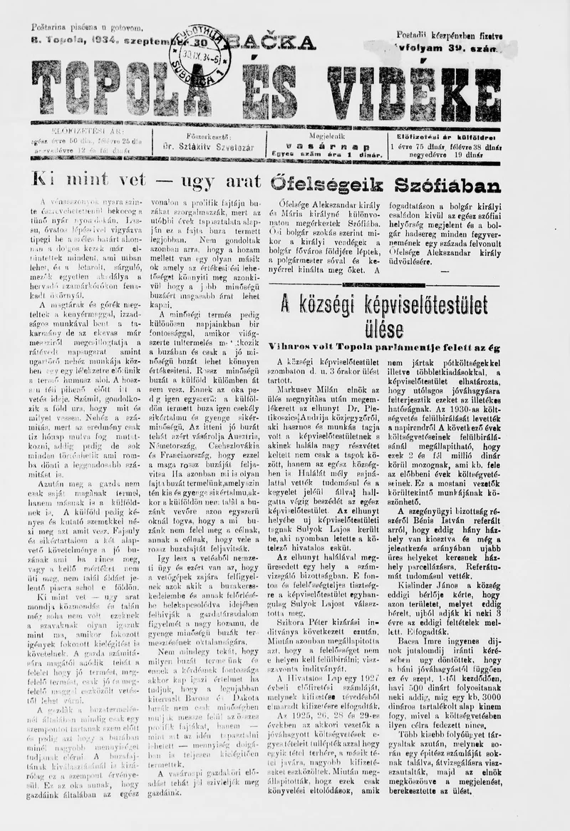 Bačka Topola és Vidéke, 11. évf. 1934. szeptember 30. 39. sz.