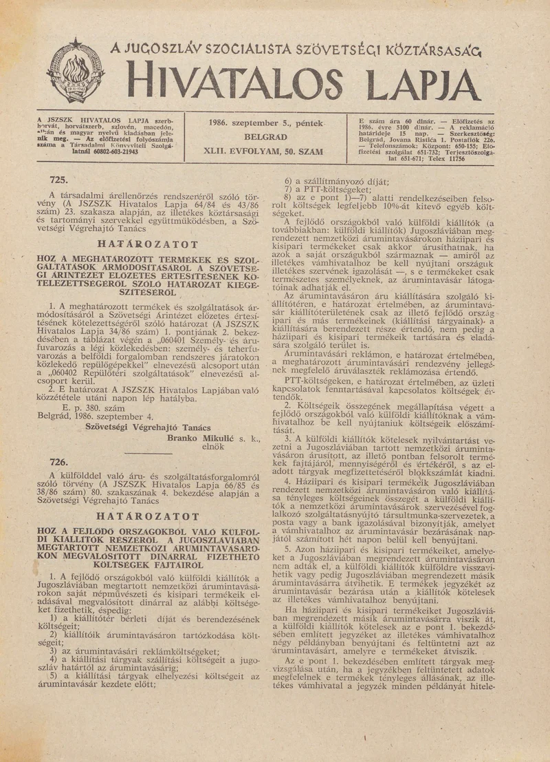 A Jugoszláv Szocialista Szövetségi Köztársaság Hivatalos Lapja, 42. évf. 1986. szeptember 5. 50. sz. 1497–1504. oldal