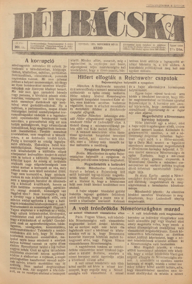 Délbácska, 4. évf. 1923. november 13. 261. sz.