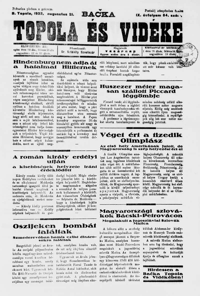 Bačka Topola és Vidéke, 9. évf. 1932. augusztus 21. 34. sz.