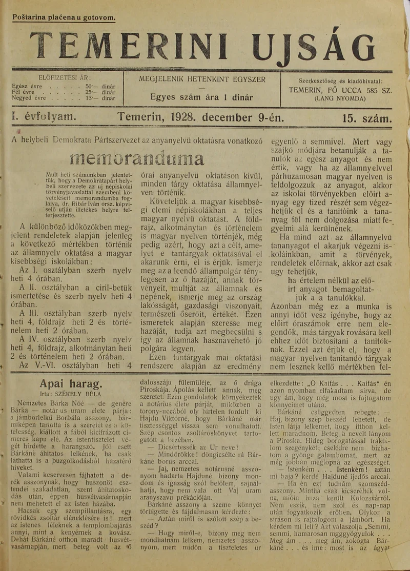 Temerini Újság 1928-1944, 1. évf. 1928. november 9. 15. sz.