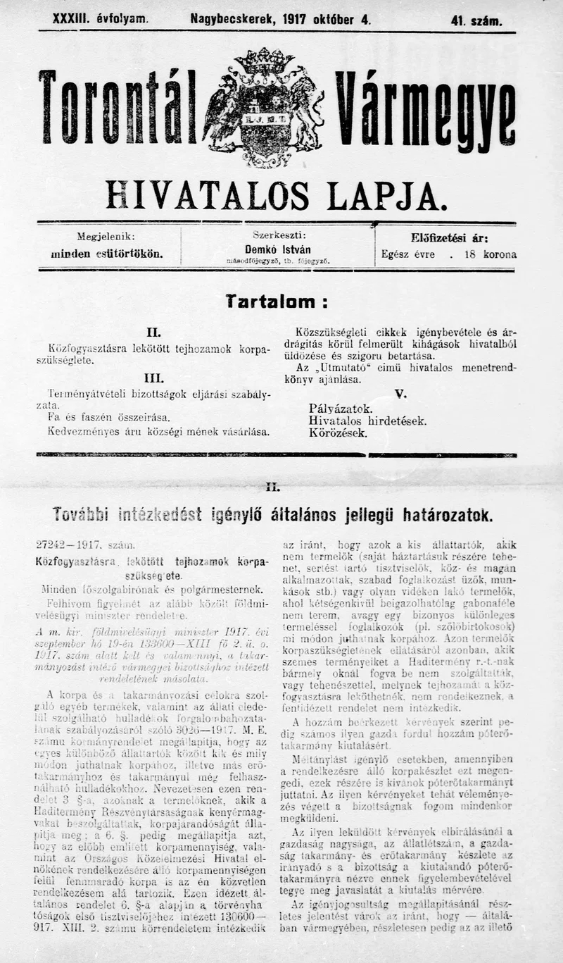 Torontál Vármegye Hivatalos Lapja, 33. évf. 1917. október 4. 41. sz.