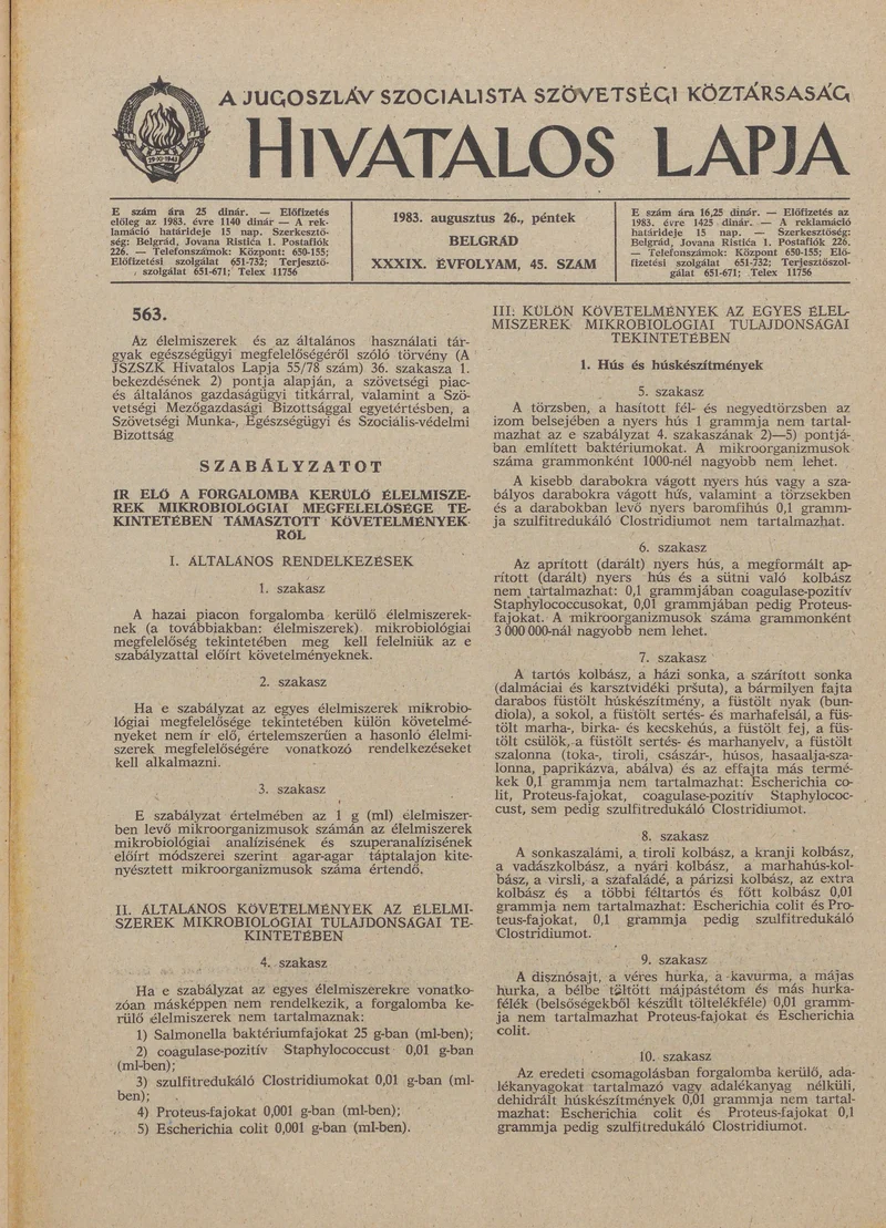 A Jugoszláv Szocialista Szövetségi Köztársaság Hivatalos Lapja, 39. évf. 1983. augusztus 26. 45. sz. 1309–1328. oldal