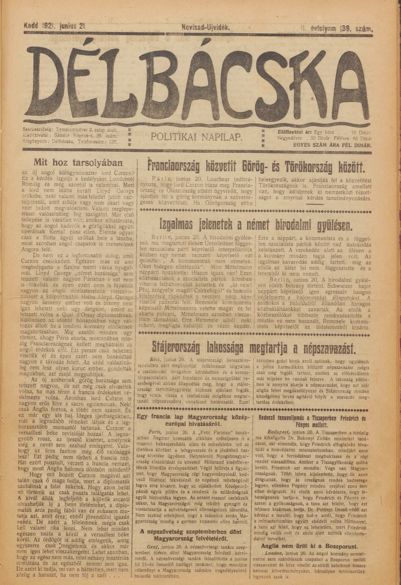Délbácska, 2. évf. 1921. június 21. 139. sz.