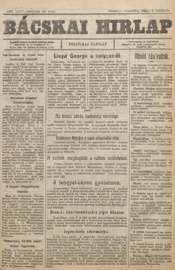 Bácskai Hirlap, 24. évf. 1920. május 6. 54. sz.