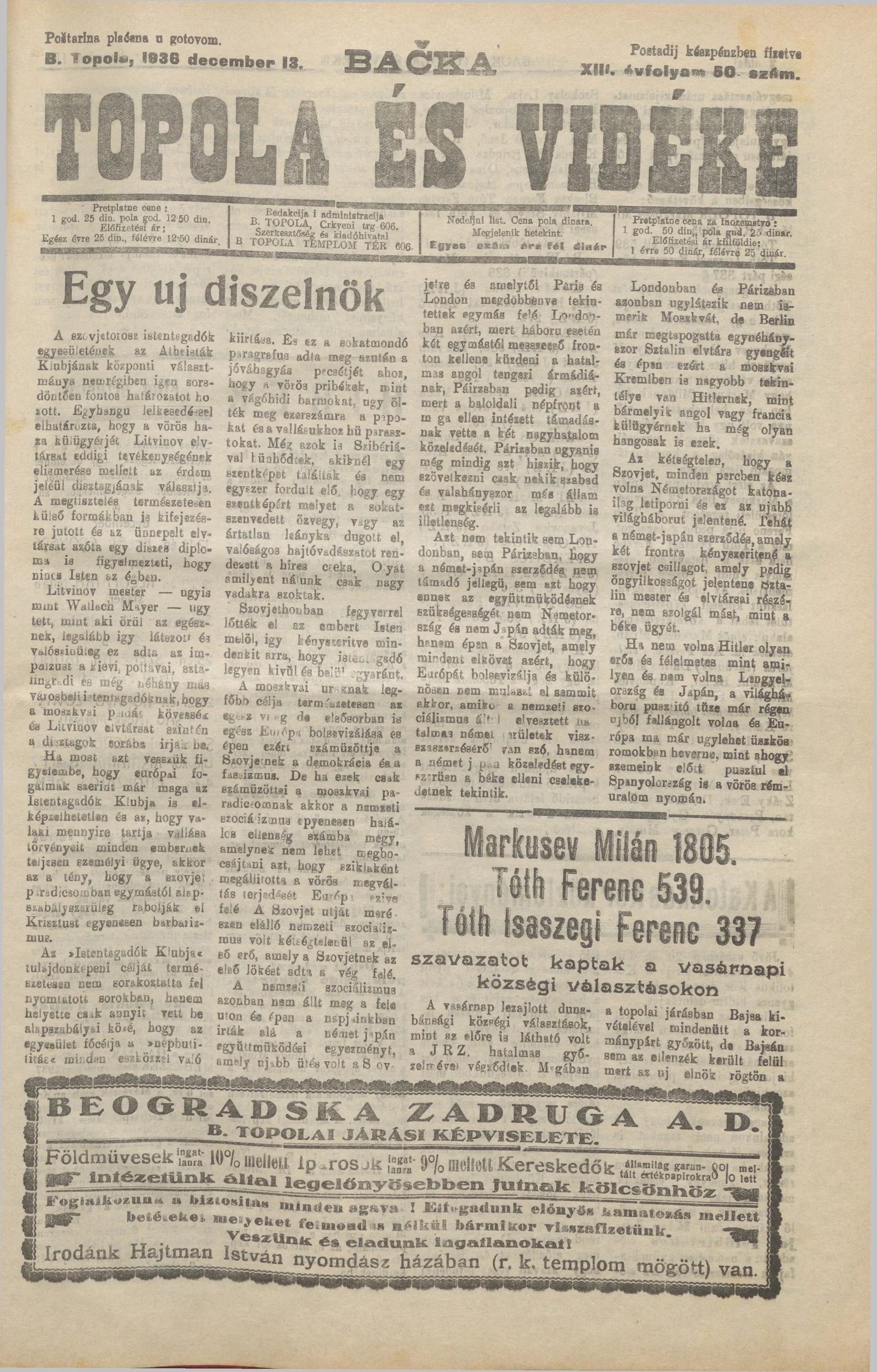 Bačka Topola és Vidéke, 13. évf. 1936. december 13. 50. sz.