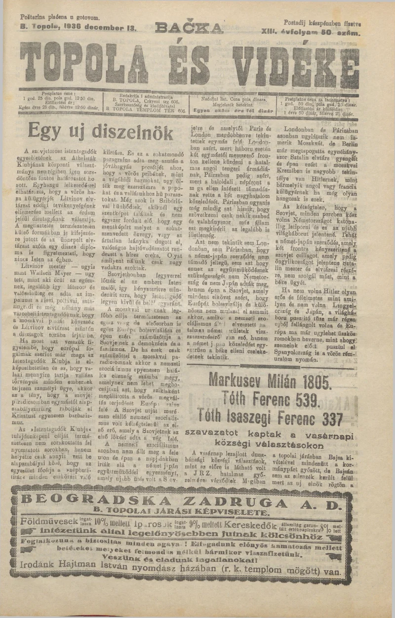 Bačka Topola és Vidéke, 13. évf. 1936. december 13. 50. sz.