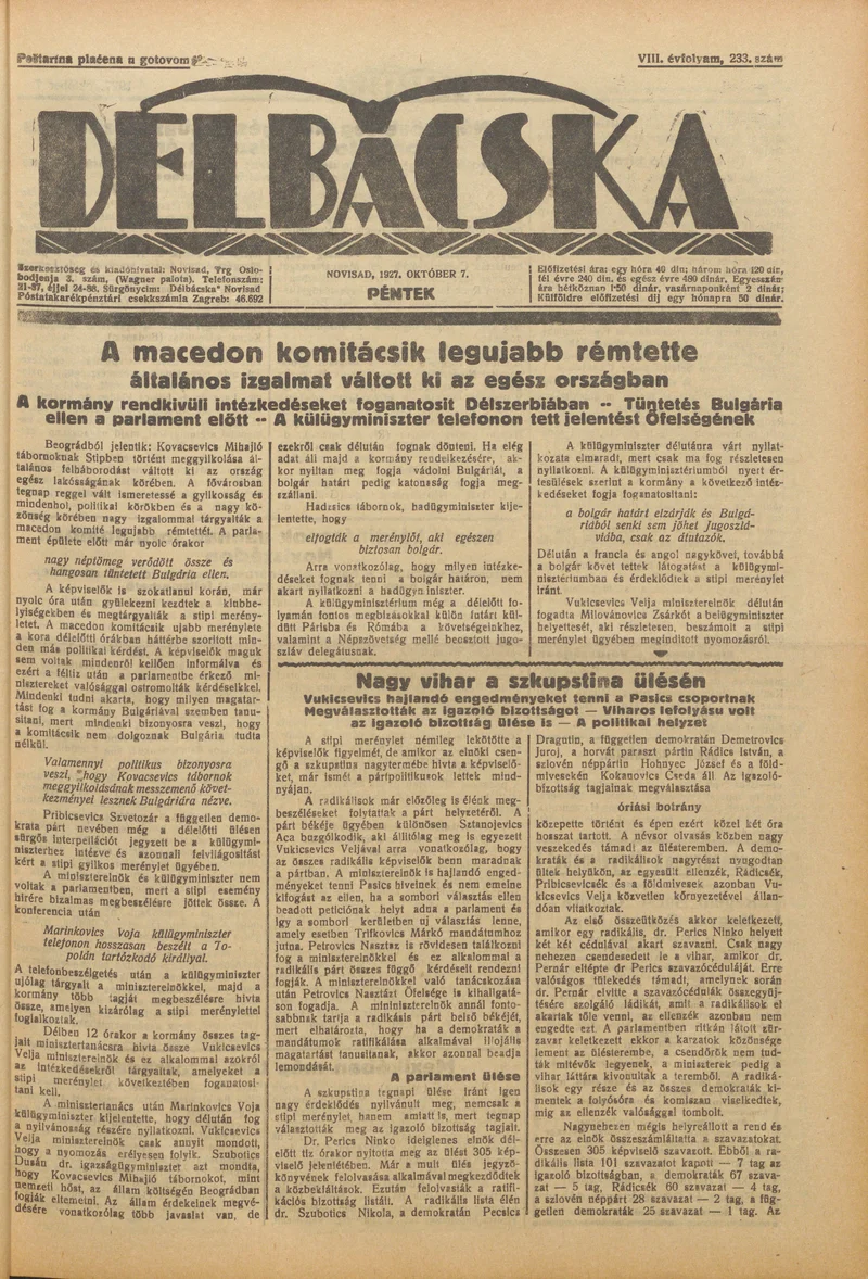 Délbácska, 8. évf. 1927. október 7. 233. sz.