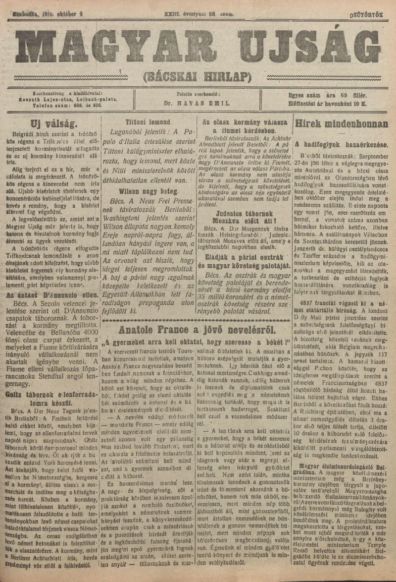 Bácskai Hirlap, 23. évf. 1919. október 9. 98. sz.