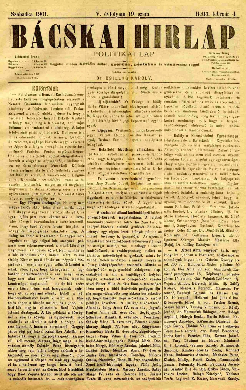 Bácskai Hirlap, 5. évf. 1901. február 4. 19. sz.